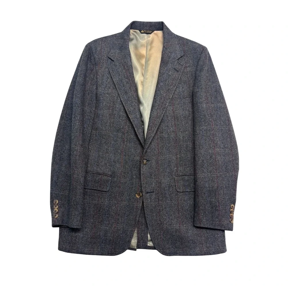 vtg Gray Herringbone 42R Tweed Blazer Windowpane Jacket 100% Wool Sport Coat